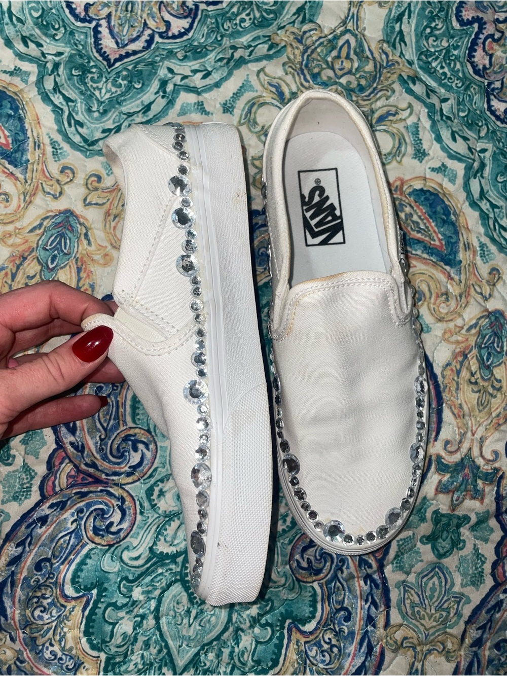 Vans White Slip-On Sneakers with Silver Rhinestones